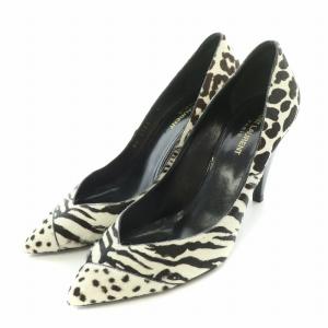 パンプス ポインテッドトゥ チャンキーヒール ハラコ レオパード ヒョウ柄 ゼブラ柄 38.5 アイボリー