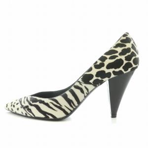 SAINT LAURENT PARIS パンプス ポインテッドトゥ チャンキーヒール ハラコ レオパード ヒョウ柄 ゼブラ柄 38.5 アイボリー
