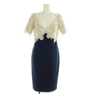 ワンピース 膝丈 半袖 ビーズ レース 切替 Vネック 2 ネイビー /MY OS GY19 AX