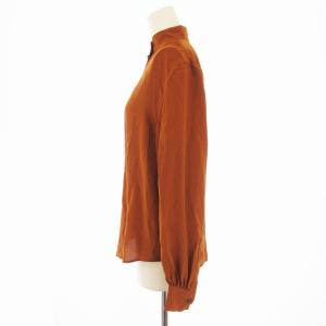 SAINT LAURENT PARIS 21AW バンドカラー プルオーバー シャツ ブラウス ハーフボタン 絹 シルク 長袖 F36 茶 ブラウン