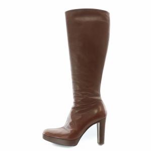 ロングブーツ ラウンドトゥ チャンキーヒール プラットフォーム レザー 35.5 茶 ブラウン /BB