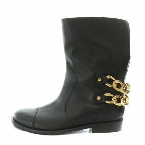 ショートブーツ ローヒール レザー チェーン 装飾 39 黒 ブラック /BB MT GY19