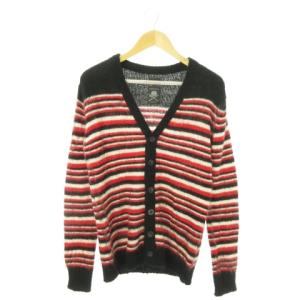 長袖カーディガン ニット Vネック モヘヤ混 ボーダー 総柄 ロゴプレート S 赤 レッド /AO19