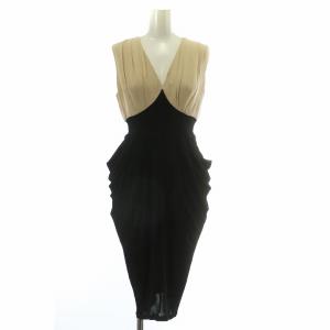 ワンピース ドレス 絹 シルク ノースリーブ ロング 切り替え Vネック 38 S ベージュ 黒 ブラック