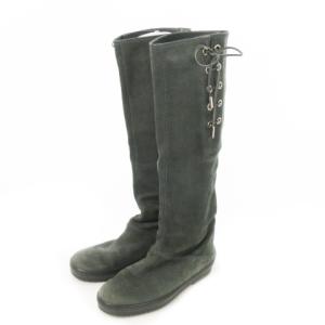 ロングブーツ フラット スエード レースアップ リボン 37.5 24.5cm グレー /AO3 GY19