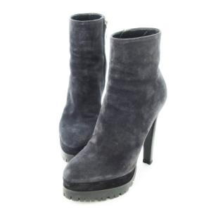 ショートブーツ ブーティ スエード レザー ハイヒール ストーム ゴールド金具 36 23.0cm ブルーグレー