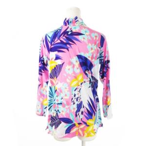 LEONARD SPORT ハイネックカットソー 七分袖 薄手 ストレッチ プリント リゾート 鳥 蘭 大きいサイズ 44 XXL