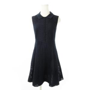 総レースワンピース ひざ丈 襟付き ノースリーブ カットワーク 刺繍 42 M 紺 ネイビー /CK19