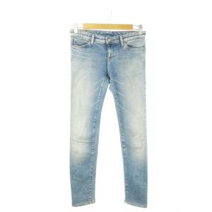 デニムパンツ ジーンズ スキニー ストレッチ ウォッシュ加工 ロゴプレート 25 青 ブルー /AO13