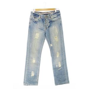 デニムパンツ ジーンズ ストレート ボタンフライ ローライズ ダメージ加工 ウォッシュ加工 W29 青