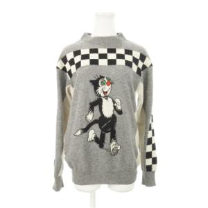 ニット セーター クルーネック 長袖 ウール アニマル 猫 ネコ 配色 チェック 38 M グレー /AH6