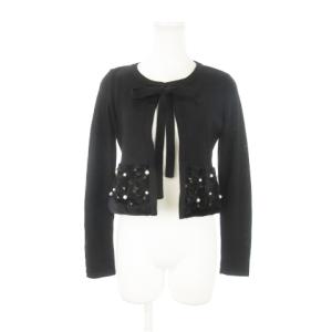 ニットカーディガン ラウンドネック 長袖 フラワーモチーフ フェイクファー パール ウール 36 S 黒