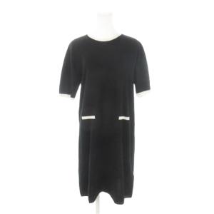 ニットワンピース ひざ丈 半袖 ラグラン ウール カシミヤ ライン バイカラー M 黒 ブラック /AH12