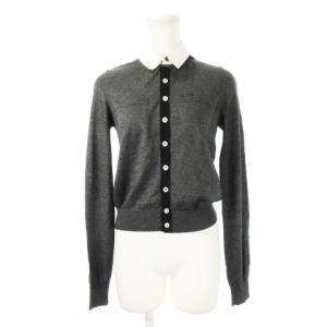 襟付きカーディガン 2way 長袖 ショート丈 薄手 シルク混 絹 カシミヤ混 ロゴプレート S グレー