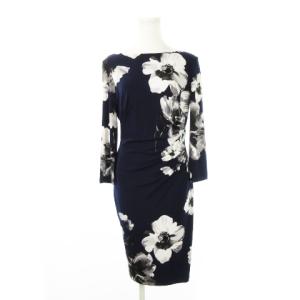 ワンピース ひざ丈 ボートネック 七分袖 サイドタック ジャージー素材 ストレッチ 花柄 2 M 紺 ネイビー