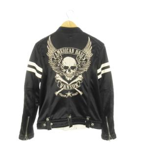 ブルゾンジャケット ジップアップ 裏起毛 アメカジ ライン ワッペン ロゴ 刺繍 スカル M 黒 ブラック