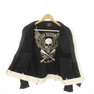 vanson Leathers ブルゾンジャケット ジップアップ 裏起毛 アメカジ ライン ワッペン ロゴ 刺繍 スカル M 黒 ブラック