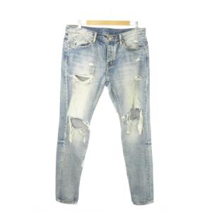 デニムパンツ ジーンズ スキニー ウォッシュ加工 クラッシュ加工 裾ジップ 34 青 ブルー /AO2