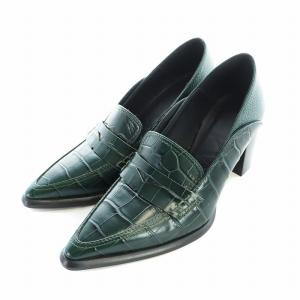 ローファー パンプス ポインテッドトゥ チャンキーヒール クロコ型押し 35 22cm 緑 グリーン GY40