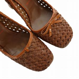 miumiu パンプス チャンキーヒール スクエアトゥ ロゴ リボン 編み込み レザー 36 23cm 茶 ブラウン