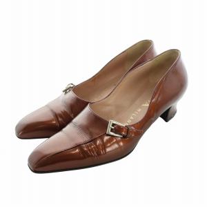 パンプス スクエアトゥ ロゴ ベルト レザー 37 24cm 茶 ブラウン GY40 /MQ OH