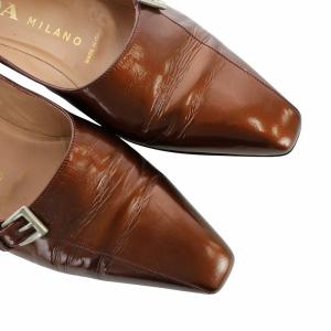 PRADA パンプス スクエアトゥ ロゴ ベルト レザー 37 24cm 茶 ブラウン GY40 /MQ OH