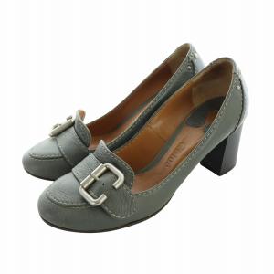 パンプス チャンキーヒール ベルト レザー ロゴ ステッチ 37 23.5cm グレー GY40 /MQ
