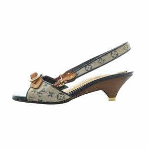 LOUIS VUITTON ストラップサンダル スクエアトゥ モノグラム レザー ロゴ 36 23cm グレー 茶 ブラウン GY40