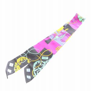 ツイリー 鍵の螺旋 スカーフ 総柄 シルク 絹 マルチカラー ライトグリーン 黒 ブラック 紫 パープル