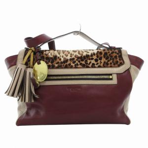 COACH ショルダーバッグ ハンドバッグ 2WAY ハラコ レザー レオパード柄 タッセル ロゴ ボルドー アイボリー