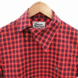 VIVIENNE WESTWOOD MAN 美品 シャツ アシンメトリー チェック オーブ 半袖 44 赤 レッド VW-WR-8 /HO 0428