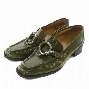 ローファー エナメル スクエアトゥ ホースビット シルバー金具 36.5 23.5cm カーキ /XZ