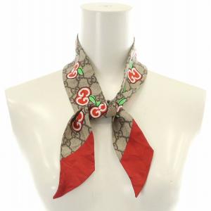 シルクネックボウ SILK NECK BOW スカーフ 絹 シルク GG柄 総柄 りんご 赤 レッド ベージュ