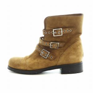 ショートブーツ ラウンドトゥ ロゴ スエード ベルト 37.5 24.5cm 茶 ブラウン GY19 /MQ