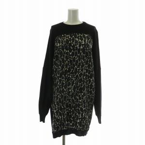ワンピース ニット ウール 絹 シルク 長袖 ひざ丈 切り替え クルーネック ヒョウ柄 レオパード 総柄