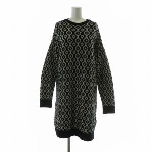 ニットワンピース ウール モヘヤ混 カシミヤ混 長袖 ロング クルーネック 総柄 S 黒 ブラック 白