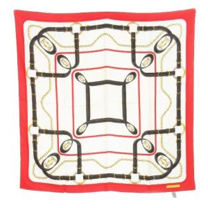 シルクスカーフ 絹 ロゴ ダブルC チェーン柄 ベルト柄 総柄 赤 レッド 白 ホワイト /AH11 GY19