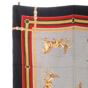 CELINE シルクスカーフ 絹 チェック ベルト柄 馬車 ロゴ 総柄 紺 ネイビー /AH12 GY19