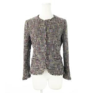 レインボーツイード ノーカラー ジャケット ファンシー ネップ ウール混 2 M 黒 ブラック /CK9