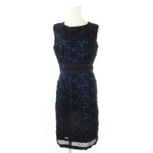 レースワンピース ドレス ひざ丈 ノースリーブ オーガンジー フラワーモチーフ 切替 40 L 黒 ブラック