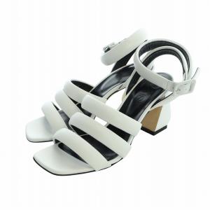 サンダル スクエアトゥ ロゴ レザー チャンキーヒール 36.5 23.5-24cm 白 ホワイト GY19