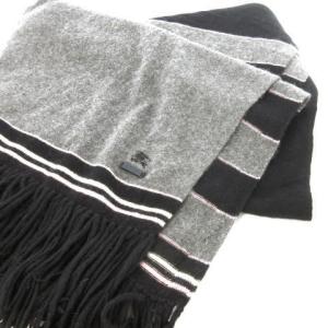 マフラー 大判 フリンジ ボーダー ランダム ロゴ刺繍 プレート グレー 黒 ブラック /CK24 GY19