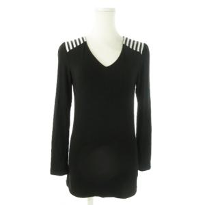 ニットソー Vネック 長袖 ストレッチ カシミヤ混 切替 ボーダー 38 M 黒 ブラック /AO20