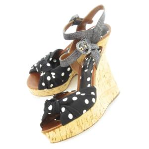 ストラップサンダル ウェッジソール コルク 天然素材 ファブリック ドット 7.5 24.5cm 黒 ブラック