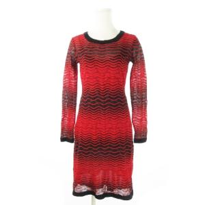 ニットワンピース ミニ 透け感 ストレッチ グラデーション ボーダー 42 S 赤 レッド 黒 ブラック