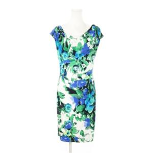 ワンピース ひざ丈 半袖 ドレープ ボタニカル フラワー 水彩 花柄 総柄 6 M?L 緑 グリーン /AH3