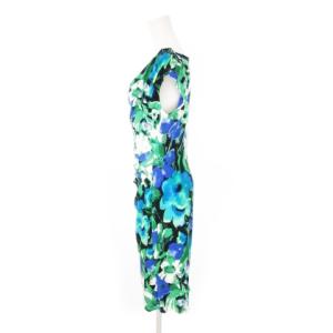 LAUREN RALPH LAUREN ワンピース ひざ丈 半袖 ドレープ ボタニカル フラワー 水彩 花柄 総柄 6 M?L 緑 グリーン /AH3