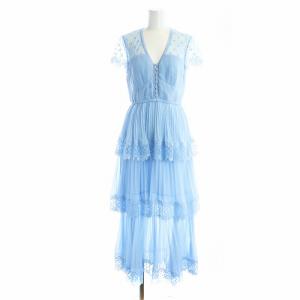 ワンピース ドレス ロング 半袖 フレア プリーツ レース 総柄 UK6 水色 青 ブルー GY01 /MQ