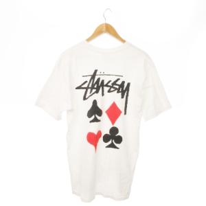 Tシャツ カットソー 半袖 クルーネック コットン プリント トランプ柄 ロゴ L 白 ホワイト /AO17