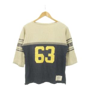Tシャツ ボートネック 七分袖 切り替え ライン 数字 コットン M ベージュ 紺 ネイビー /AH15